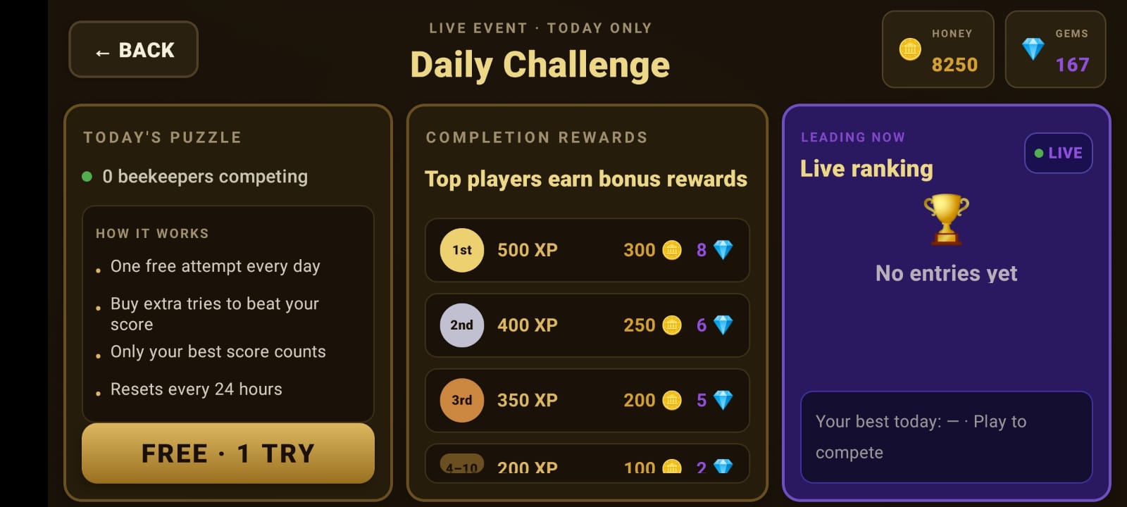 7Bees Daily Challenge screen — today's puzzle, completion rewards and ranking