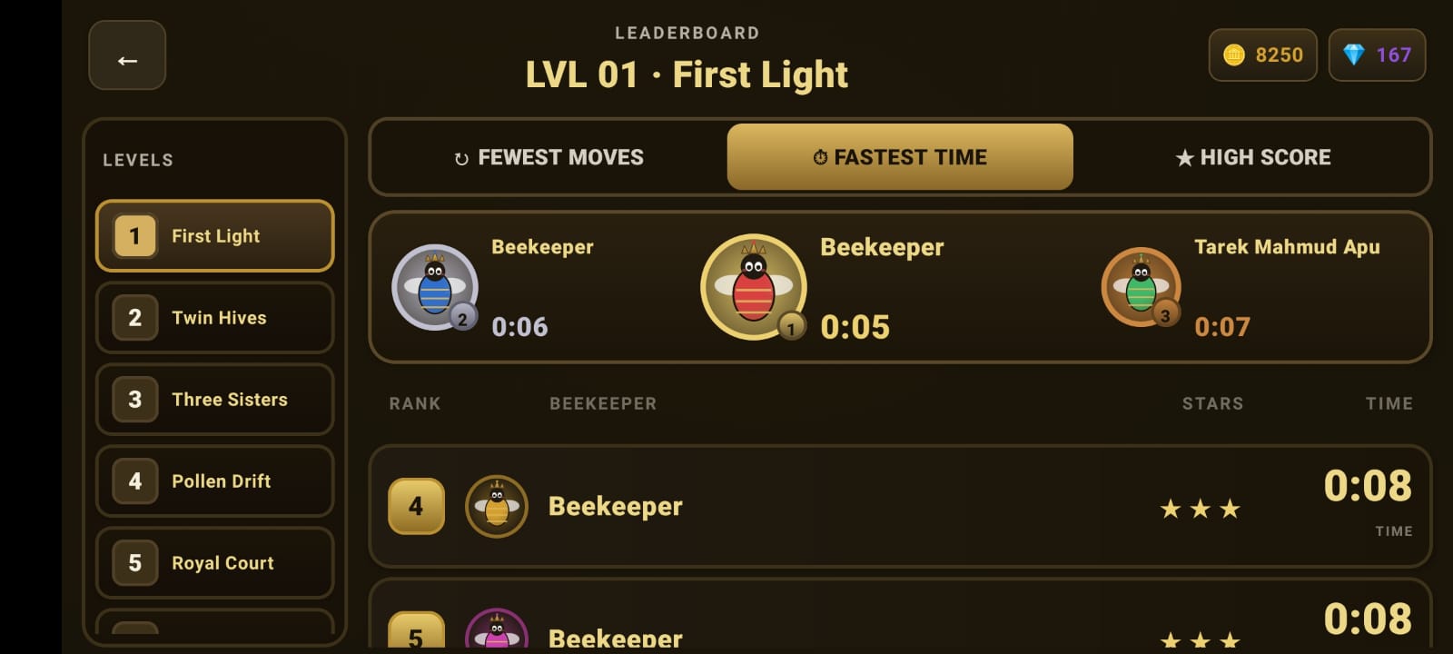 7Bees leaderboard — First Light fastest time podium with bee avatars